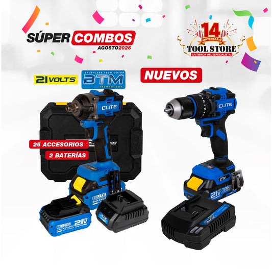 COMBO LLAVE DE IMPACTO INALAMBRICA 21V CUADRANTE 1/2' + Taladro Percutor inalambrico 21V