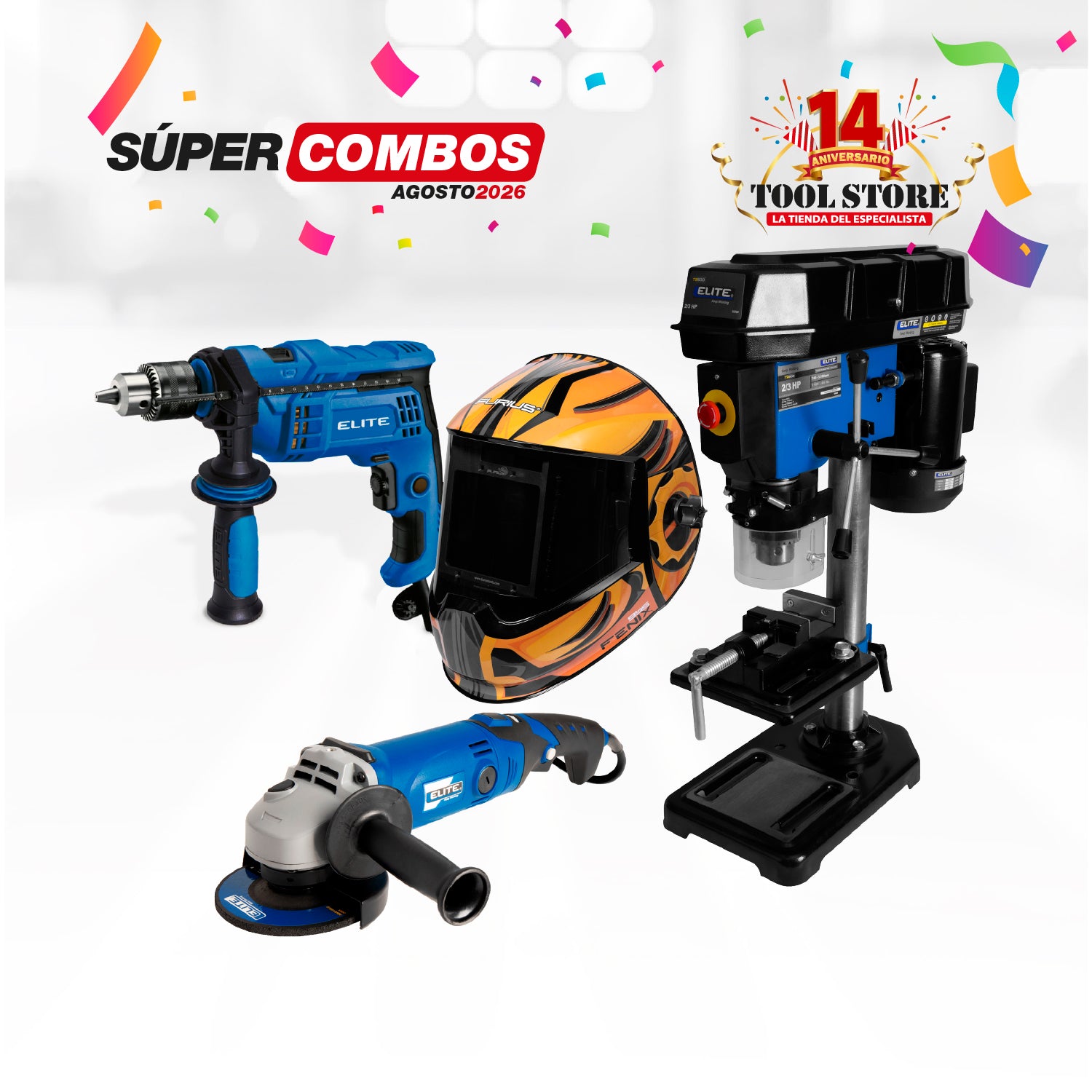 COMBO TALADRO DE BANCO 500W H:580mm Mandril:16mm 5SPEED + ESMERILADORA ANGULAR 4-1/2INCH 1200W 11,000RPM 110V + TALADRO PERCUTOR 1/2PUL + CARETA FOTOSENSIBLE FURIUS FENIX 995