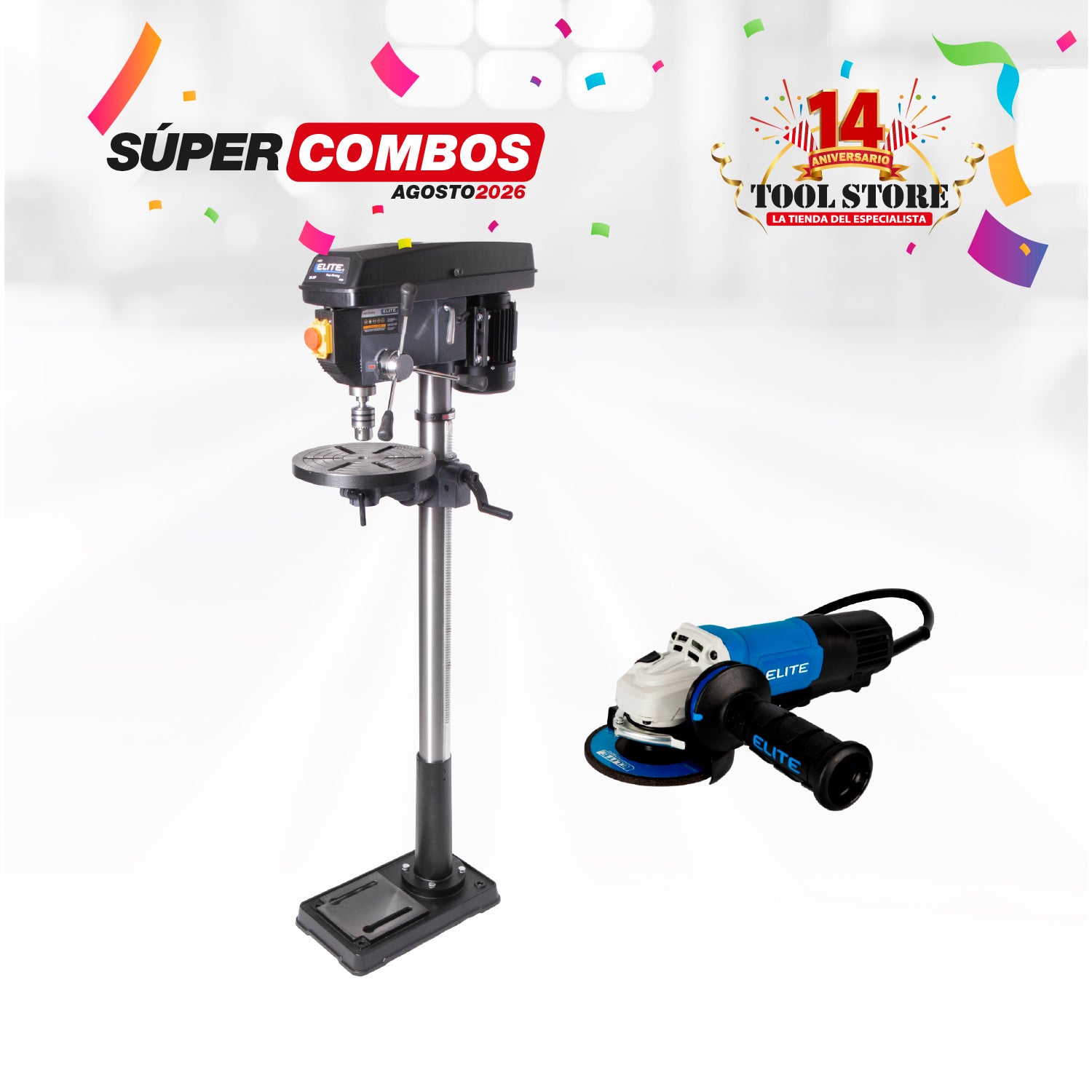 COMBO TALADRO DE ARBOL 550W H1580MM MANDRIL16MM 16SPEED + ESMERILADORA ANGULAR 4-1/2PUL 1400W 11,000RPM 110V