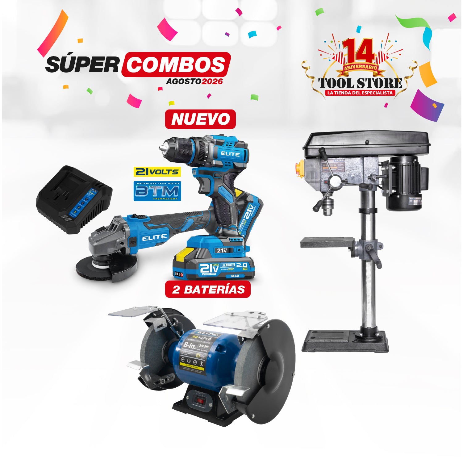 COMBO TALADRO DE ARBOL 375W H900MM MANDRIL16MM 5SPEED 110V + Kit Taladro Percutor 21V 60Nm + Esmeriladora 4.5 + ESMERIL DE BANCO 8INCH 3/4HP 550W