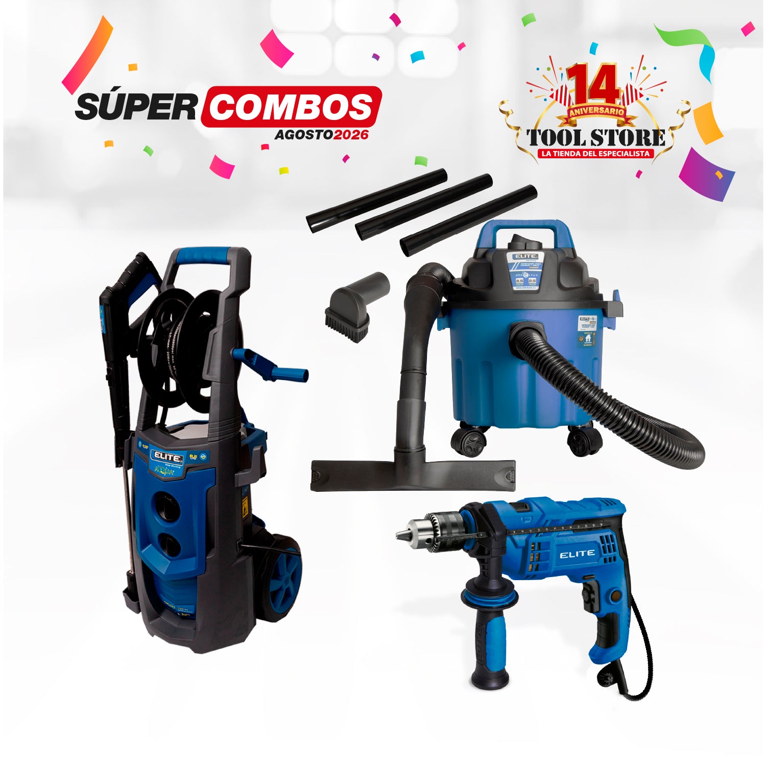 COMBO HIDROLAVADORA ELECTRICA 2400W 2400PSI 8.2LPM 110V-60HZ + ASPIRADORA 2,5 GAL + TALADRO PERCUTOR 1/2PUL