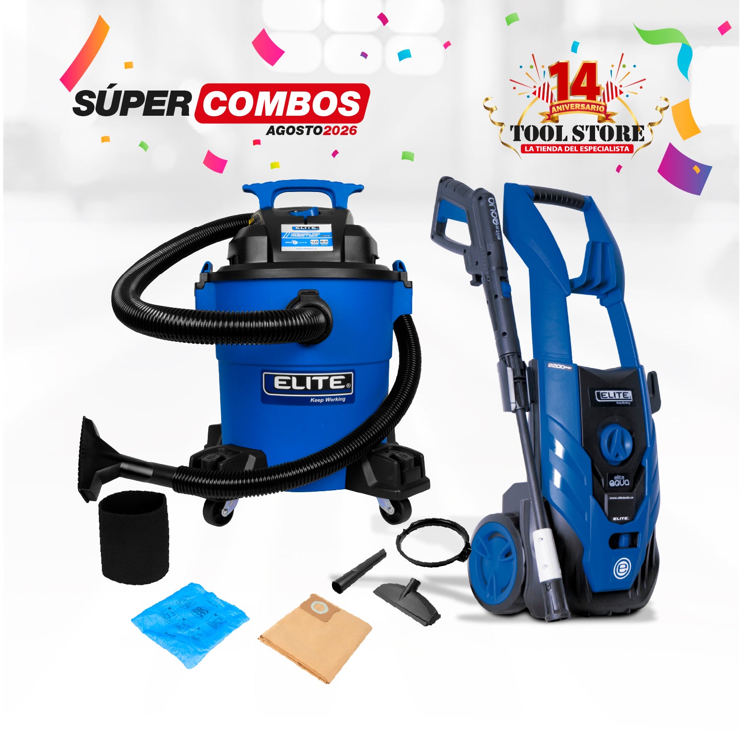 COMBO HIDROLAVADORA ELECTRICA 2200W 2200PSI 7.5LPM 110V-60HZ + ASPIRADORA 6GAL 4HP TANQUE POLY-HUMEDO