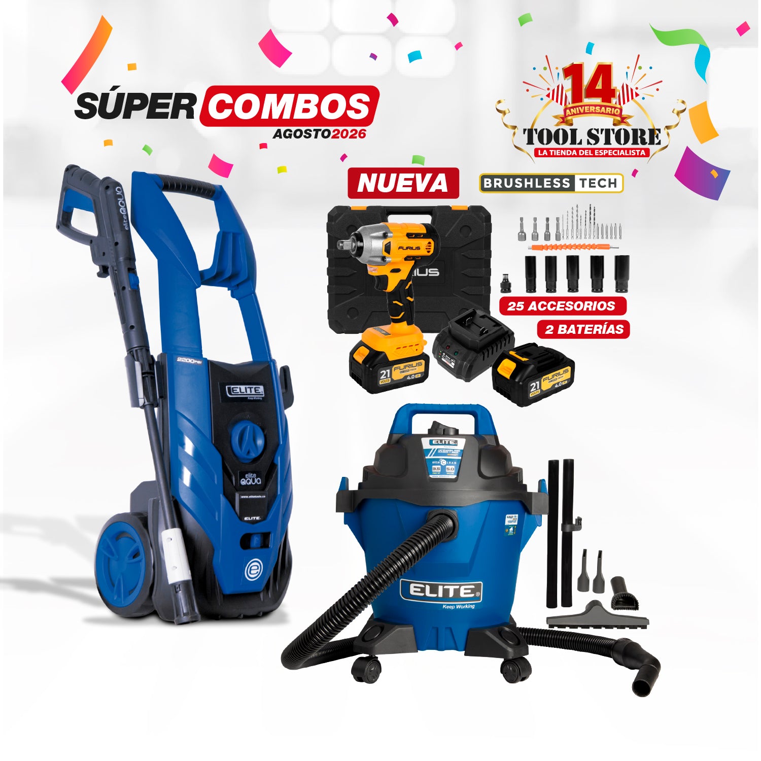 COMBO HIDROLAVADORA ELECTRICA 2200W 2200PSI 7.5LPM 110V-60HZ + ASPIRADORA 5 GAL + LLAVE DE IMPACTO INALAMBRICA CUADRANTE 1/2' 21V