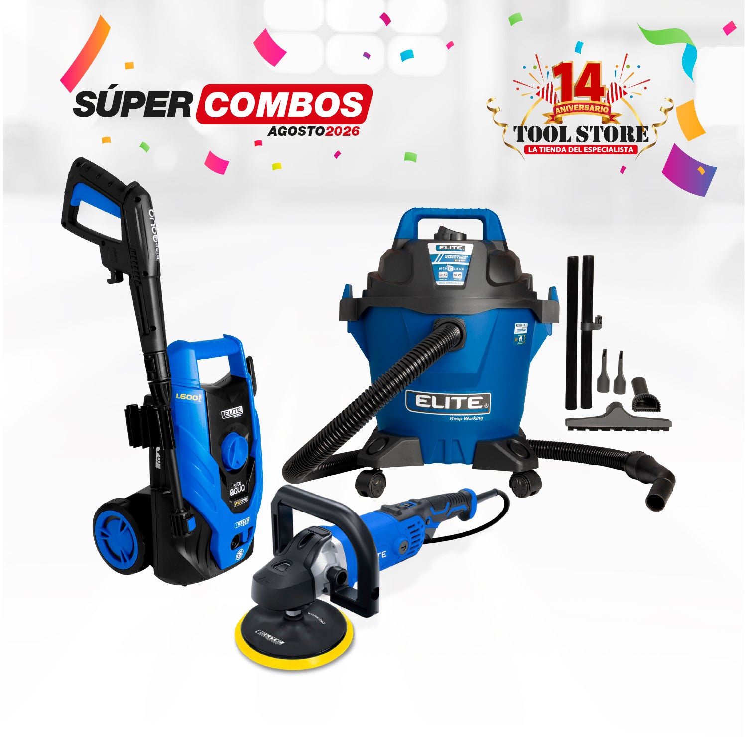 COMBO HIDROLAVADORA ELECTRICA 1700W 1600PSI 7.0LPM 110V-60HZ + ASPIRADORA 5 GAL + PULIDORA DE FELPA/POLICHADORA ELECTRICA 1300W 600-