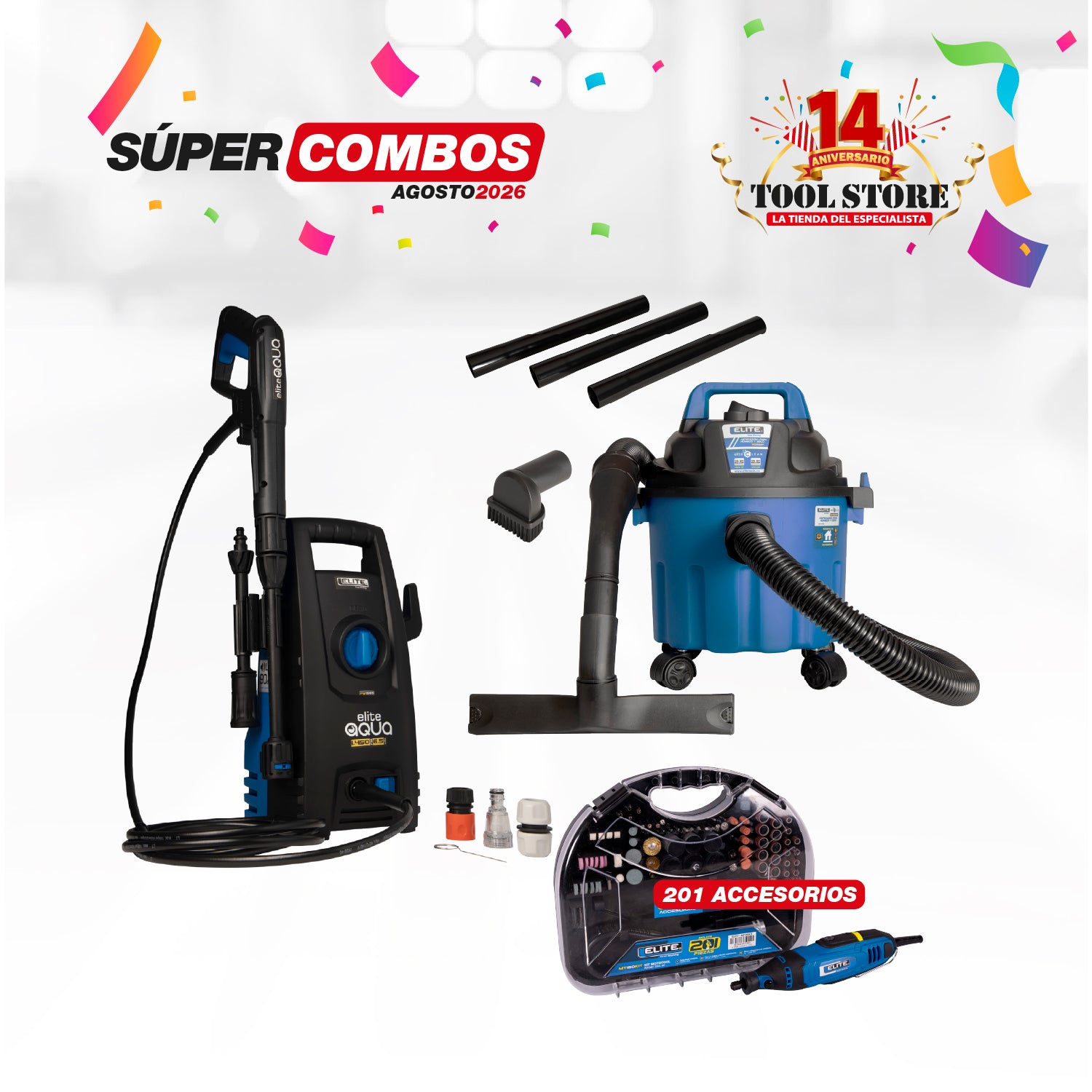 COMBO HIDROLAVADORA ELECTRICA 1500W 1450PSI 6.5LPM 110V-60HZ + ASPIRADORA 2,5 GAL + MOTO TOOL 180W MANGO ENCUCHETADO VEL VARIABLE CON