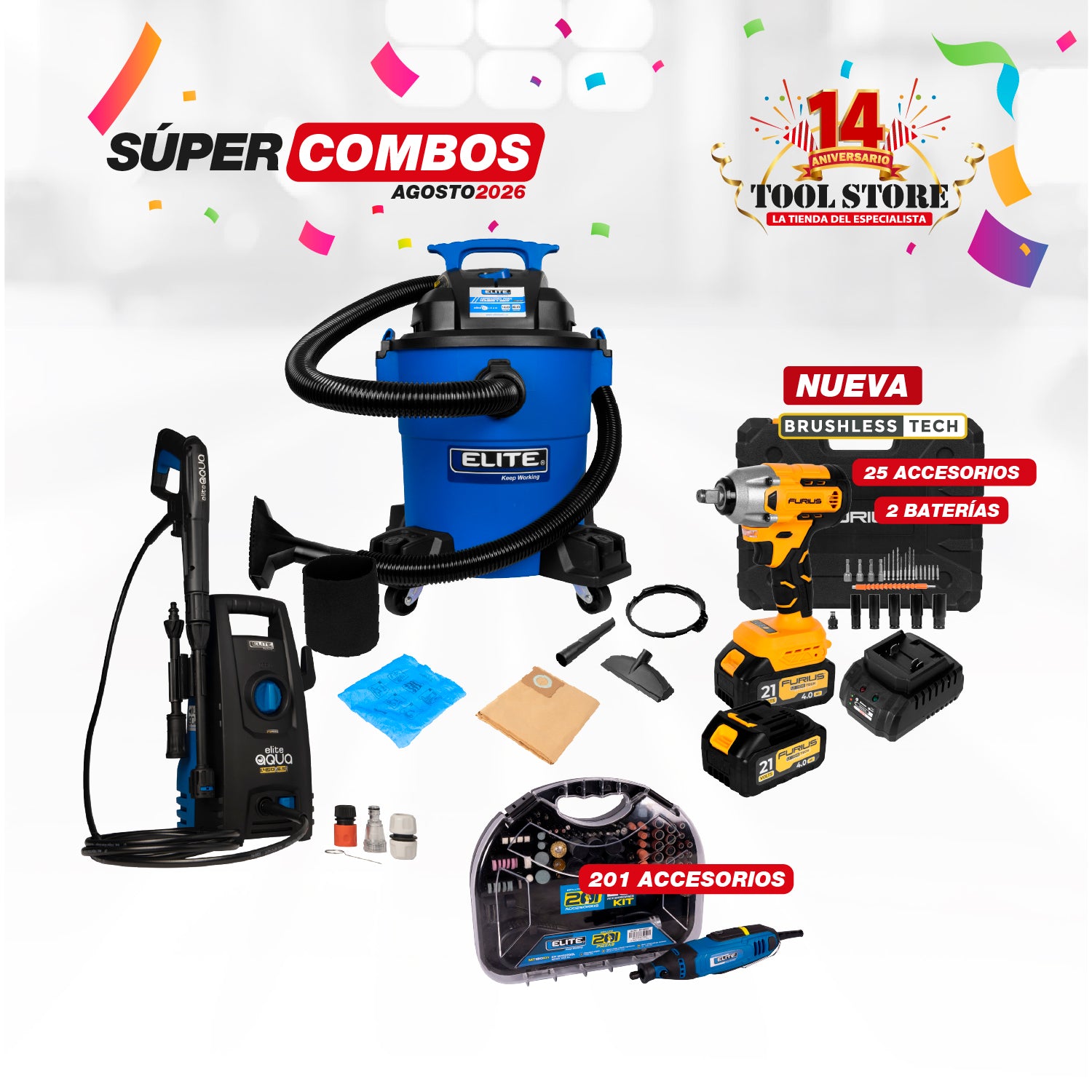 COMBO HIDROLAVADORA ELECTRICA 1500W 1450PSI 6.5LPM 110V-60HZ + ASPIRADORA 6GAL 4HP TANQUE POLY-HUMEDO + MOTO TOOL 180W MANGO ENCUCHETADO VEL VARIABLE CON + LLAVE DE IMPACTO INALAMBRICA CUADRANTE 1/2' 21V