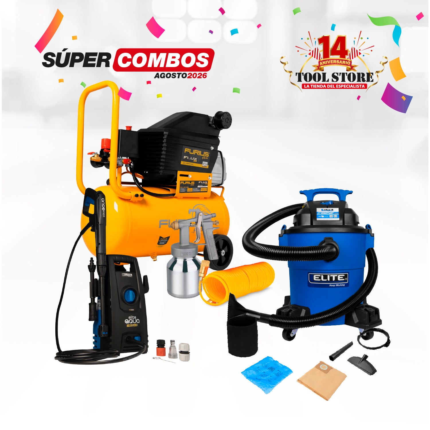 COMBO HIDROLAVADORA ELECTRICA 1500W 1450PSI 6.5LPM 110V-60HZ + COMPRESOR FURIUS 25LT 2 HP CON MANGUERA 5MTS Y + ASPIRADORA 6GAL 4HP TANQUE POLY-HUMEDO