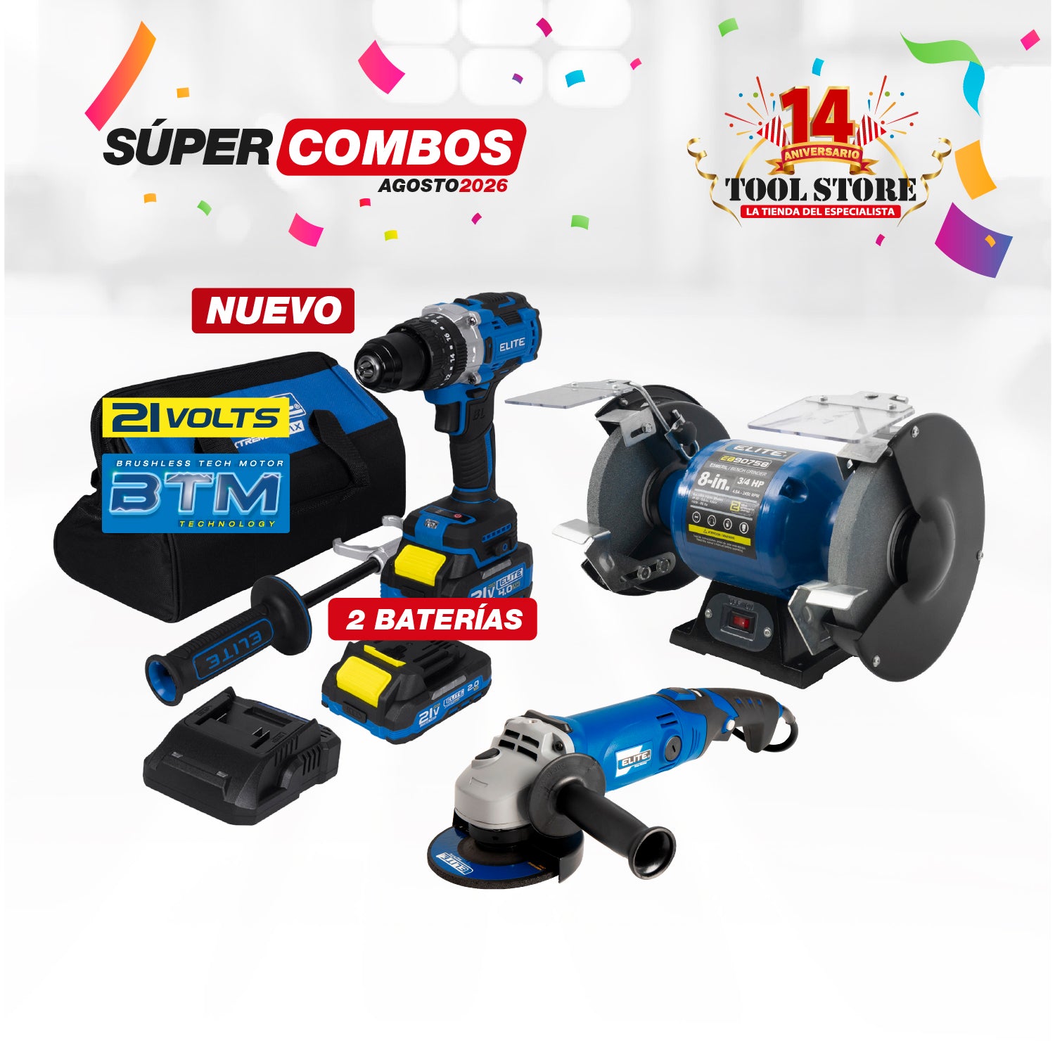 COMBO ESMERIL DE BANCO 8INCH 3/4HP 550W + ESMERILADORA ANGULAR 4-1/2INCH 1200W 11,000RPM 110V + Taladro percutor inalambrico 21V