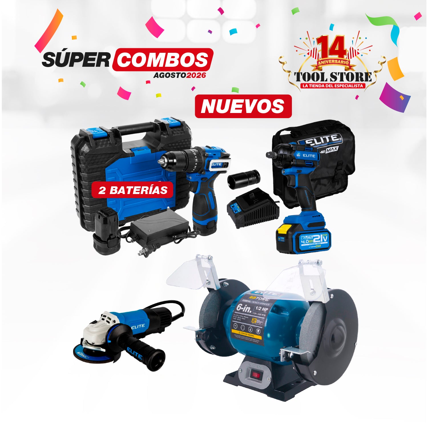COMBO TALADRO PERCUTOR 16V MANDRIL 13 MM + ESMERIL DE BANCO 6INCH 1/2HP 300W + ESMERILADORA ANGULAR 4-1/2PUL 1400W 11,000RPM 110V + LLAVE DE IMPACTO INALAMBRICA CUADRANTE DE 1/2' 21V