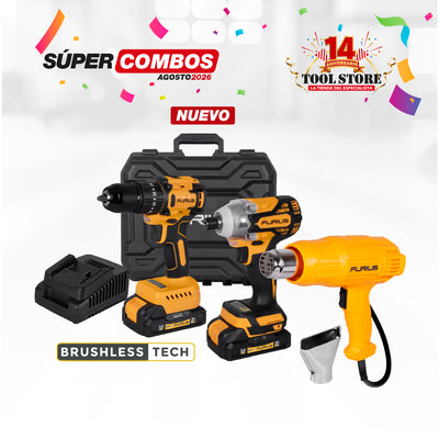 COMBO KIT TALADRO PERCUTOR INALAMBRICO BRUSHLESS MANDRIL + PISTOLA DE CALOR FURIUS 1800W