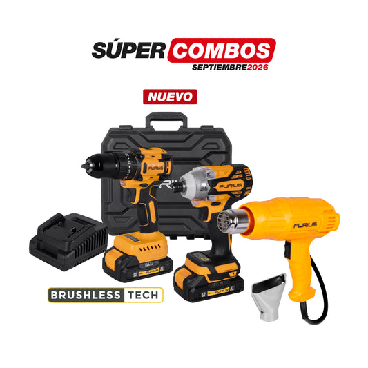 COMBO KIT TALADRO PERCUTOR INALAMBRICO BRUSHLESS MANDRIL + PISTOLA DE CALOR FURIUS 1800W