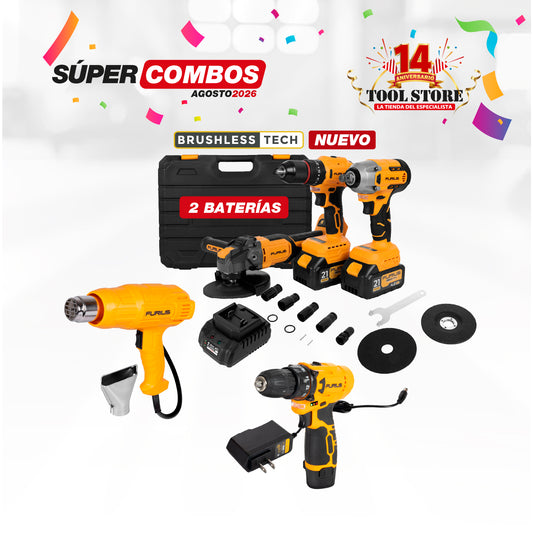 COMBO KIT 21 V INALAMBRICO TALADRO PERCUTOR 45NM + + PISTOLA DE CALOR FURIUS 1800W + TALADRO INALAMBRICO 3/8PUL FURIUS 12V