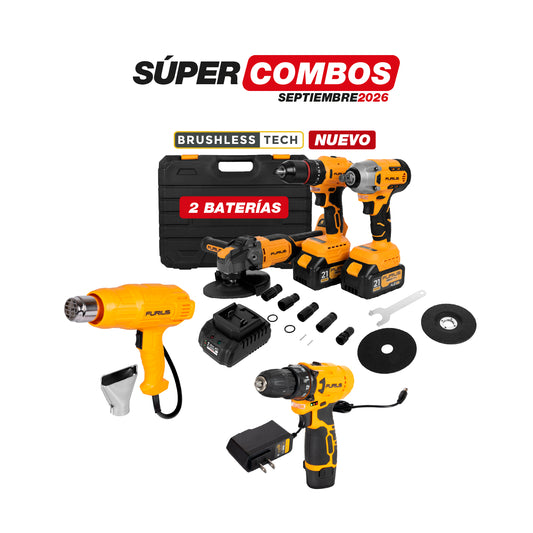 COMBO KIT 21 V INALAMBRICO TALADRO PERCUTOR 45NM + + PISTOLA DE CALOR FURIUS 1800W + TALADRO INALAMBRICO 3/8PUL FURIUS 12V