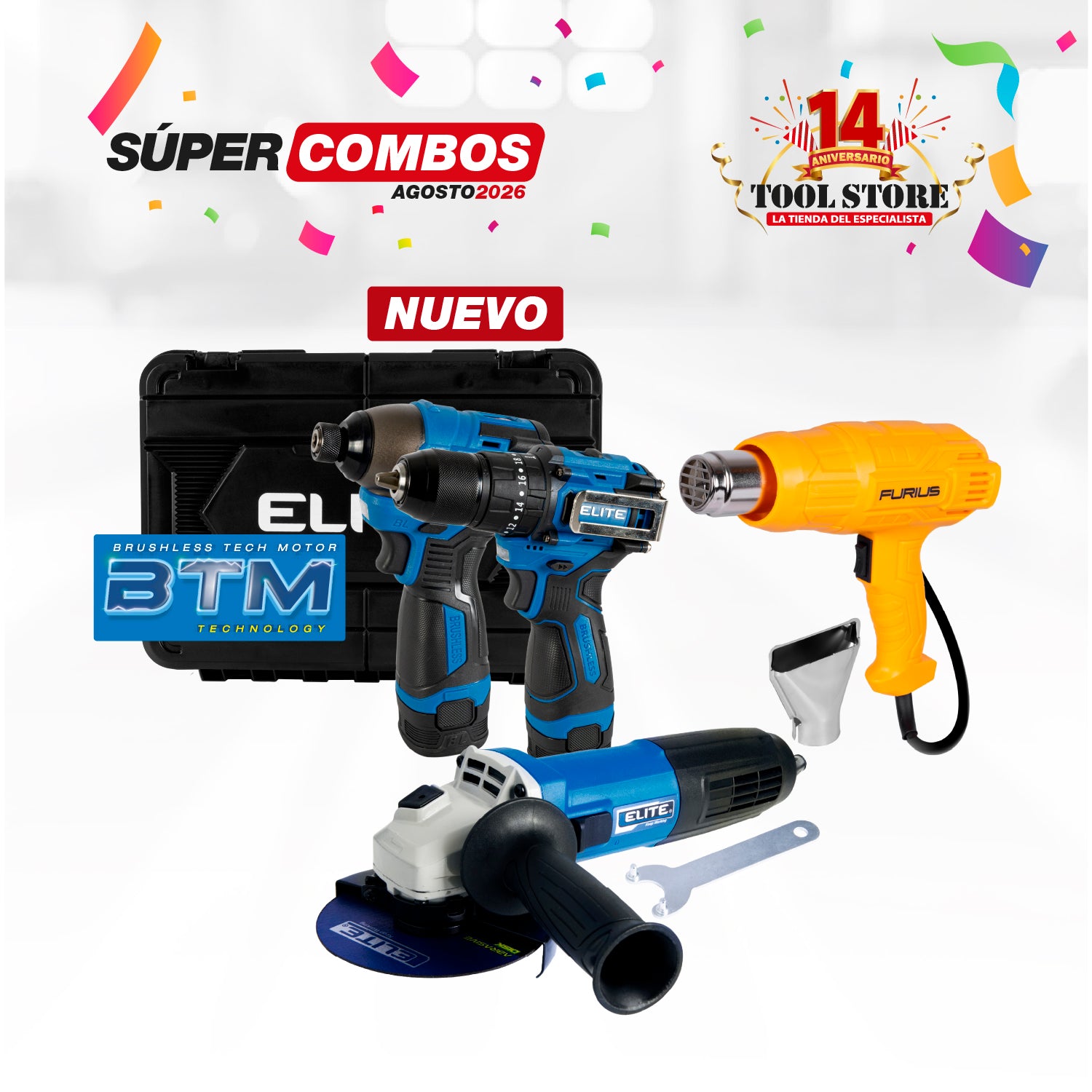 COMBO TALADRO PERCUTOR Y ATORNILLADOR DE IMPACTO + ESMERILADORA ANGULAR 4-1/2INCH 820 W 11,000RPM 110V + PISTOLA DE CALOR FURIUS 1800W
