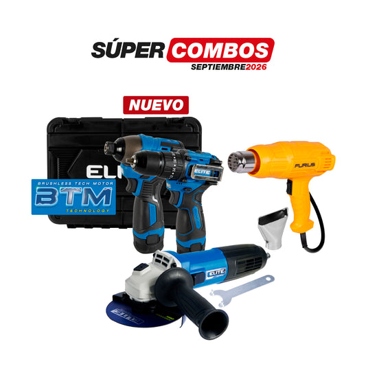 COMBO TALADRO PERCUTOR Y ATORNILLADOR DE IMPACTO + ESMERILADORA ANGULAR 4-1/2INCH 820 W 11,000RPM 110V + PISTOLA DE CALOR FURIUS 1800W