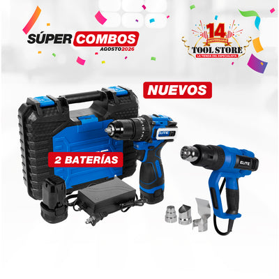 COMBO TALADRO PERCUTOR 16V MANDRIL 13 MM + PISTOLA DE CALOR INDUSTRIAL 2000W + 3 BOQUILLAS