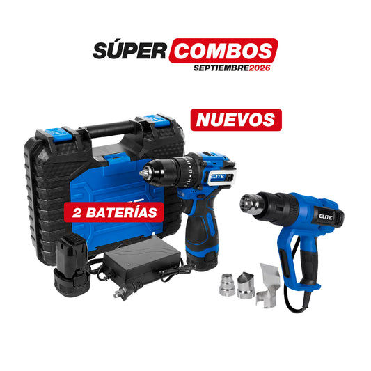 COMBO TALADRO PERCUTOR 16V MANDRIL 13 MM + PISTOLA DE CALOR INDUSTRIAL 2000W + 3 BOQUILLAS