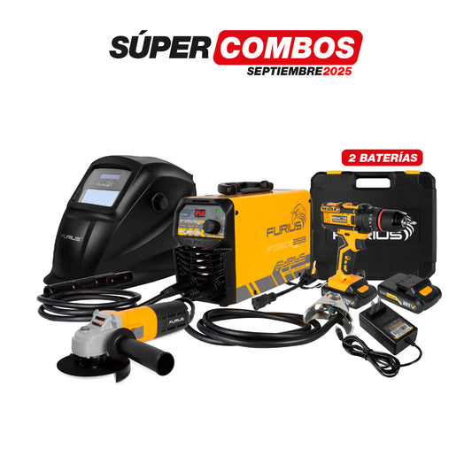 COMBO SOLDADOR INVERSOR + CARETA FOTOSENSIBLE + TALADRO PERCUTOR INALAMBRICO + ESMERILADORA ANGULAR