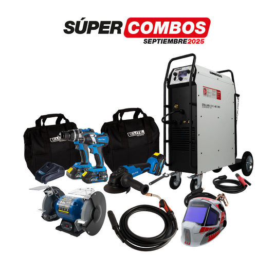 COMBO SOLDADOR INVERSOR  + ANTORCHA MIG - EURO  + CARETA ELECTRONICA SOLDADURA + PULIDORA INALAMBRICA + KIT TALADRO PERCUTOR + ESMERIL DE BANCO