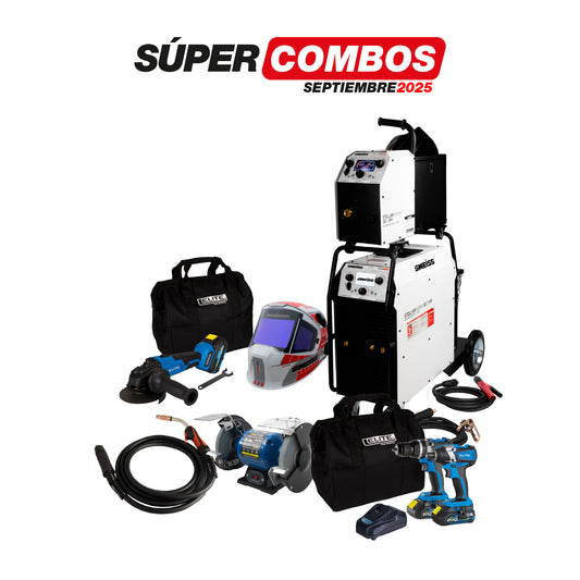COMBO SOLDADOR INVERSOR + ANTORCHA MIG - EURO + CARETA ELECTRONICA SOLDADURA + PULIDORA INALAMBRICA + KIT TALADRO PERCUTOR + ESMERIL DE BANCO