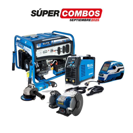 COMBO GENERADOR PORTATIL GASOLINA + SOLDADOR ARC 220S + CARETA ELITE VARIOMATIC  + ESMERILADORA ANGULAR + ESMERIL DE BANCO