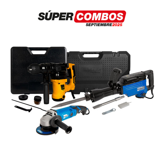COMBO ROTOMARTILLO SDS PLUS 1300W + MARTILLO DEMOLEDOR HEX30 + ESMERILADORA ANGULAR