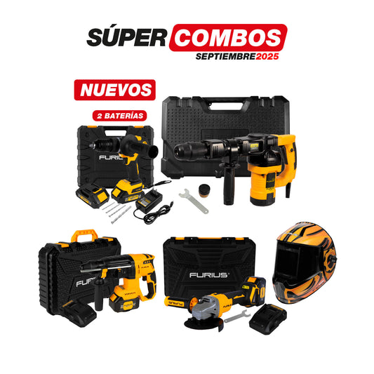 COMBO ROTOMARTILLO INALMBRICO + MARTILLO DEMOLEDOR SDS + TALADRO PERCUTOR INALAMBRICO + ESMERILADORA ANGULAR INALAMBRICA + CARETA FOTOSENSIBLE