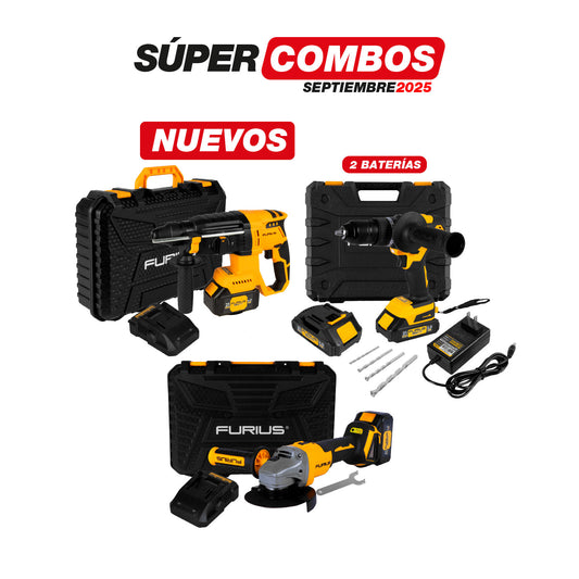 COMBO ROTOMARTILLO INALMBRICO + TALADRO PERCUTOR INALAMBRICO + ESMERILADORA ANGULAR INALAMBRICA