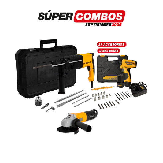 COMBO ROTOMARTILLO SDS PLUS 720W + TALADRO ATORNILLADOR INALAMBRICO + ESMERILADORA ANGULAR