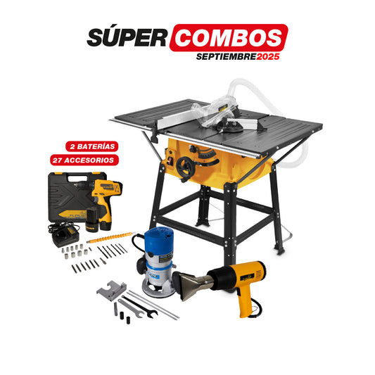 COMBO SIERRA DE MESA 10PUL + TALADRO ATORNILLADOR INALAMBRICO + RUTEADORA 1500W + PISTOLA DE CALOR