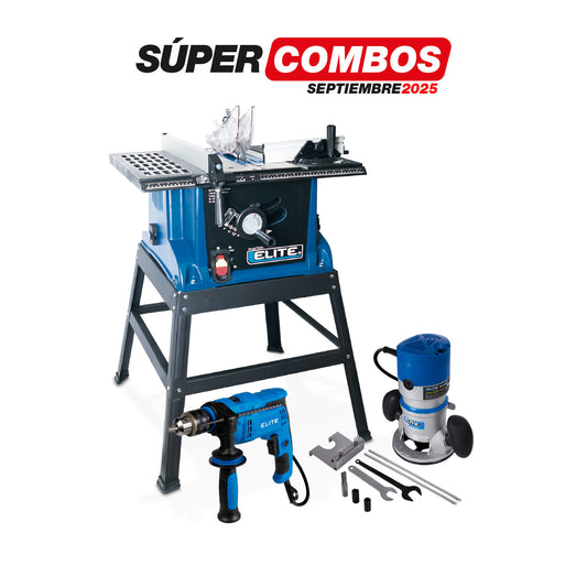 COMBO SIERRA MESA 10PULG + RUTEADORA 1500W + TALADRO PERCUTOR 1/2PUL