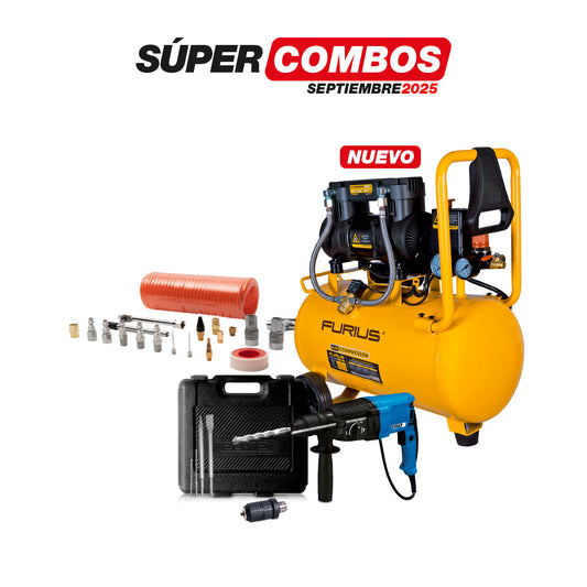 COMBO ROTOMARTILLO SDS PLUS 900W + COMPRESOR DE AIRE SILENCIOSO LIBRE DE ACEITE 24L + KIT DE ACCESORIOS 20 PCS PARA COMPRESOR