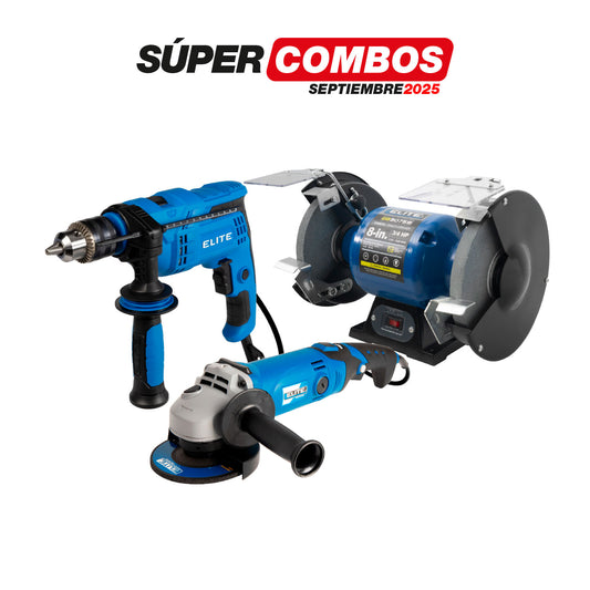 COMBO ESMERIL DE BANCO 8INCH 3/4HP + ESMERILADORA ANGULAR 4-1/2INCH 1200W + TALADRO PERCUTOR 1/2PUL