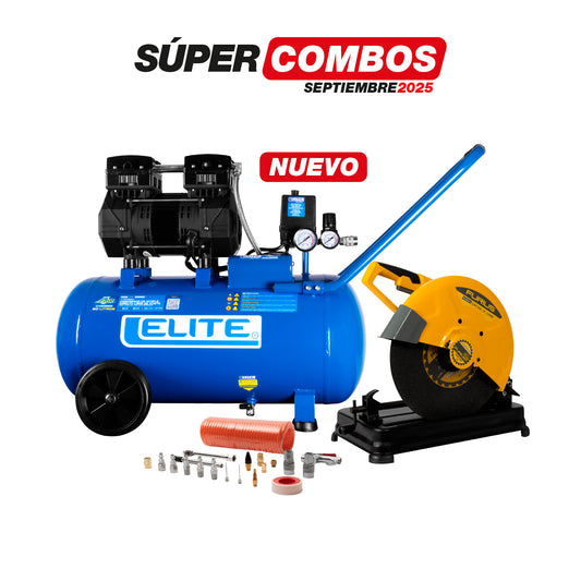 COMBO COMPRESOR LIBRE DE ACEITE 50 LTS 3.0 HP + TRONZADORA 2500w 4.000 RPM + KIT DE ACCESORIOS 20 PCS PARA COMPRESOR