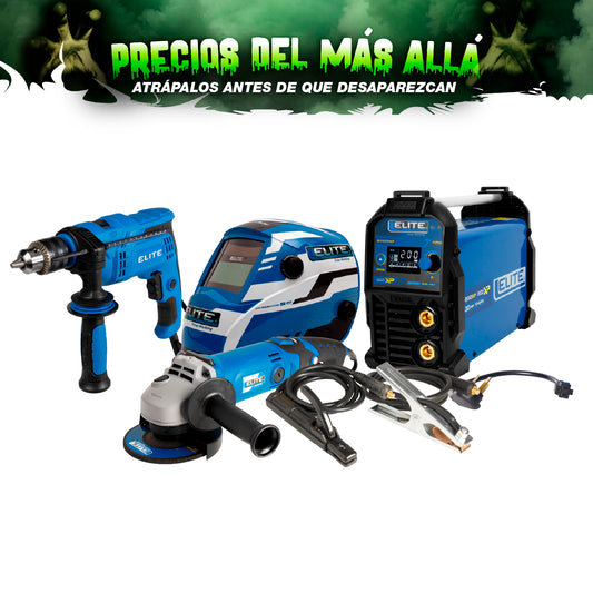COMBO SOLDADOR INVERSOR + CARETA ELITE VARIOMATIC 530 + ESMERILADORA ANGULAR 4-1/2INCH + TALADRO PERCUTOR 1/2PUL