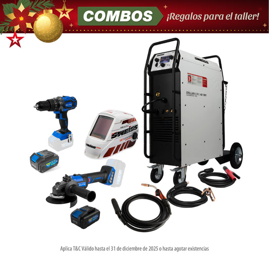 COMBO SOLDADOR INVERSOR + ANTORCHA MIG - EURO 450A + CARETA ELECTRONICA + ESMERILADORA INALAMBRICA + TALADRO PERCUTOR INALAMBRICO + BATERIA ION DE LITHIO 40V + BATERIA ION DE LITHIO 40V