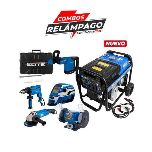COMBO MOTOSOLDADOR GASOLINA + CARETA ELITE + ESMERILADORA ANGULAR + MARTILLO DEMOLEDOR  + ESMERIL DE BANCO + TALADRO PERCUTOR