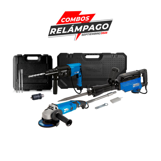 COMBO ROTOMARTILLO SDS PLUS 900W + MARTILLO DEMOLEDOR HEX30 + ESMERILADORA ANGULAR 4-1/2INCH