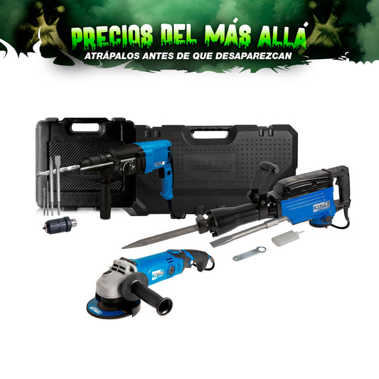 COMBO ROTOMARTILLO SDS PLUS 900W + MARTILLO DEMOLEDOR HEX30 1600W + ESMERILADORA ANGULAR 4-1/2INCH 1200W
