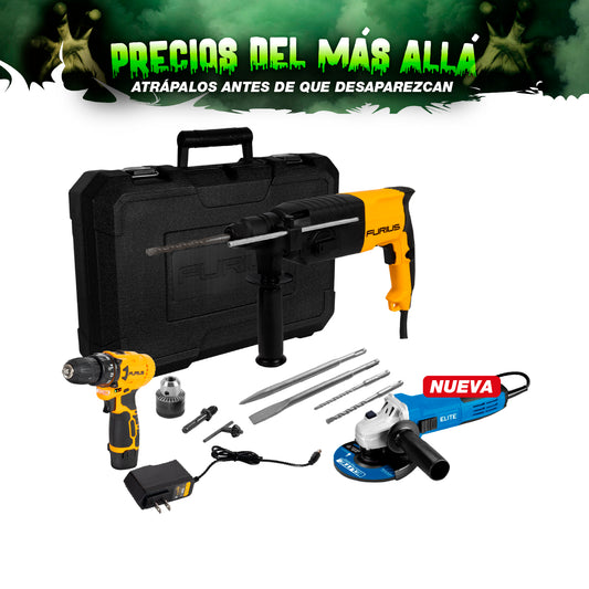 COMBO ROTOMARTILLO SDS PLUS 720W + TALADRO INALAMBRICO 3/8PUL + ESMERILADORA ANGULAR 4 1/2