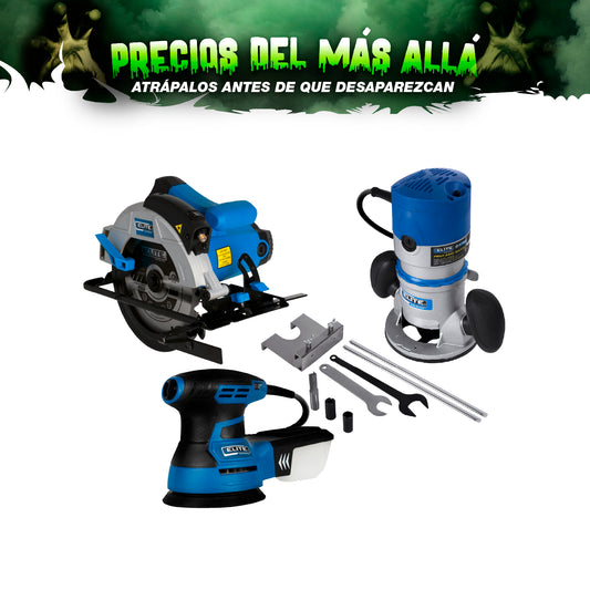 COMBO SIERRA CIRCULAR 7 1/4 1.550W + LIJADORA ROTO ORBITAL 350W + RUTEADORA 1500W