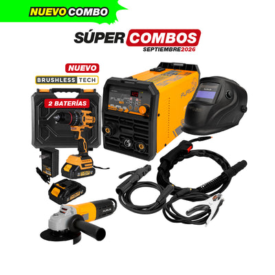 COMBO SOLDADOR INVERSOR + TALADRO ROTOMARTILLO INALAMBRICO + CARETA FOTOSENSIBLE + ESMERILADORA ANGULAR
