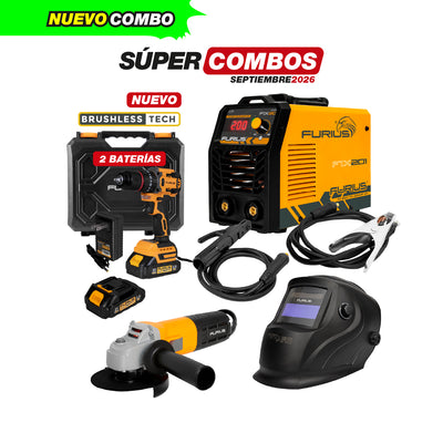 COMBO SOLDADOR INVERSOR + CARETA FOTOSENSIBLE + TALADRO ROTOMARTILLO INALAMBRICO + ESMERILADORA ANGULAR