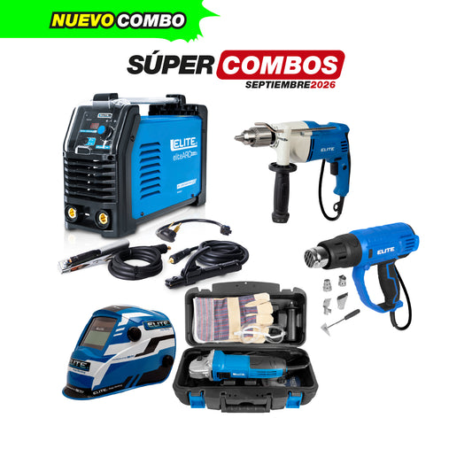 COMBO SOLDADOR INVERSOR + KIT ESMERILADORA ANGULAR + TALADRO DE ROTACION + PISTOLA DE CALOR + CARETA ELECTRONICA