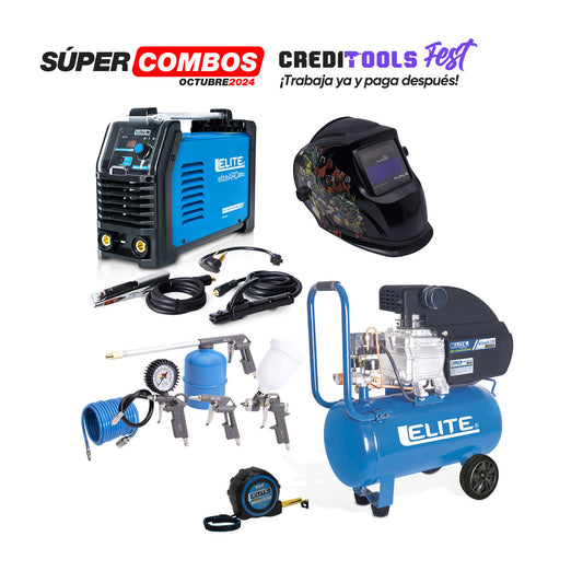 Combo Compresor lubricado acople directo + Soldador inversor 220 AMP + Careta electrónica + Kit de accesorios para compresor (5 Unds) + Cinta metrica