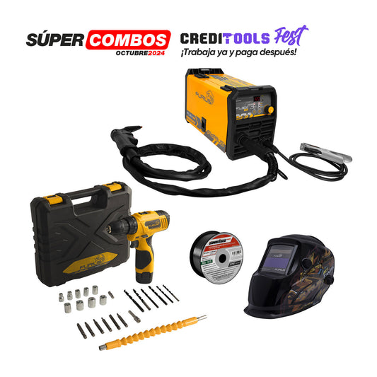 Combo Soldador inversor multiproceso + Careta electrónica + Kit taladro inalámbrico + Rollo de soldadura