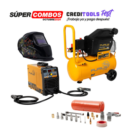 Combo Compresor lubricado acople directo + Soldador inversor + Careta elecrtrónica + Kit de accesorios para compresor