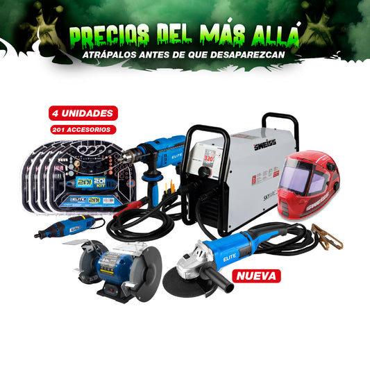 COMBO SOLDADOR + CARETA ELECTRONICA + ESMERILADORA ANGULAR DE 9 + TALADRO PERCUTOR 1/2PUL + ESMERIL DE BANCO + MOTO TOOL 180W