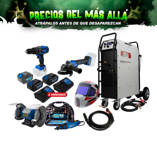 COMBO SOLDADOR + ANTORCHA + CARETA + ESMERILADORA + 2 CARGADORES + 3 BATERIAS + TALADRO PERCUTOR + ESMERIL + MOTO TOOL