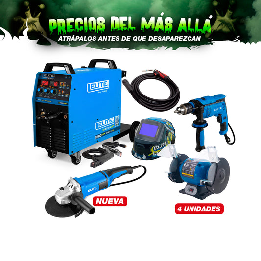 COMBO SOLDADOR INVERSOR + ANTORCHA + CARETA ELECTRONICA  + ESMERILADORA ANGULAR DE 9 + TALADRO PERCUTOR  + ESMERIL DE BANCO